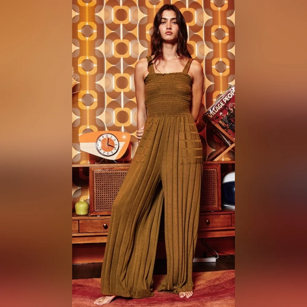 Smocked Wide-Leg Jumpsuit in Brown - Picture 1 of 2